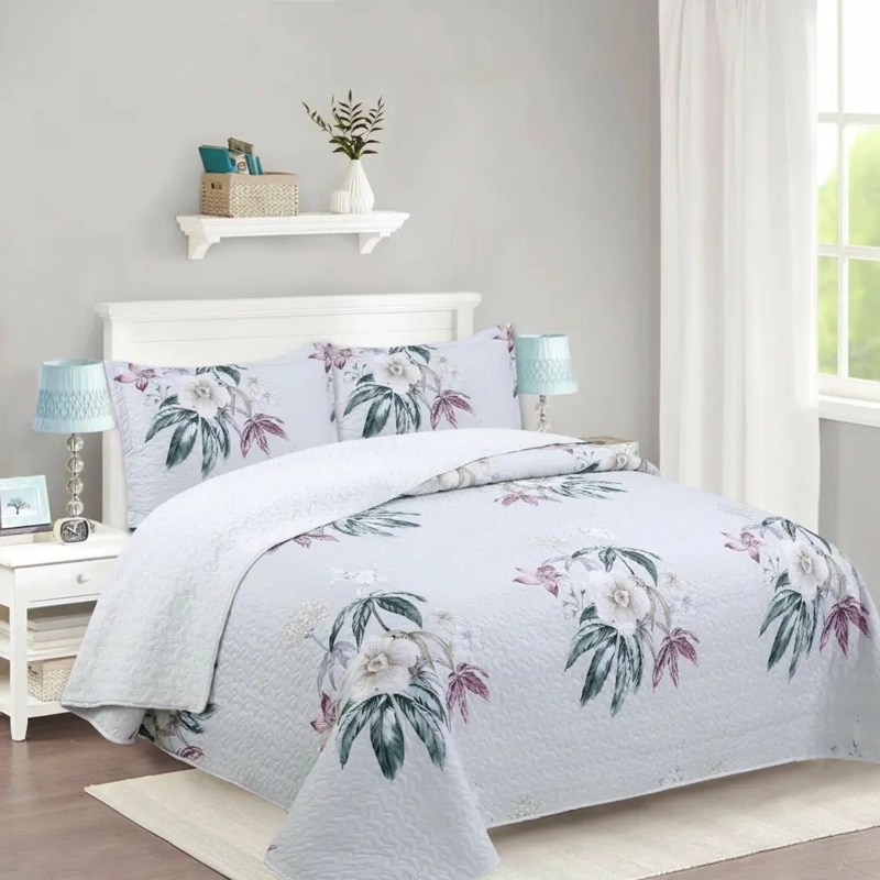CUBRECAMA QUILT SHERPA 2PL W.M G - VERDE Y ROSADO SUAVE FLORAL ELEGANTE Y ROMANTICO - 1