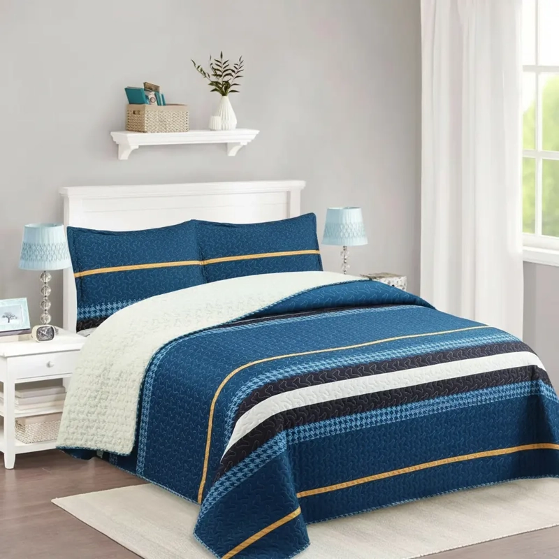 CUBRECAMA QUILT SHERPA 2PL W.M G - AZUL PETROLEO BLANCO Y NEGRO LINEAS HORIZONTALES - 1