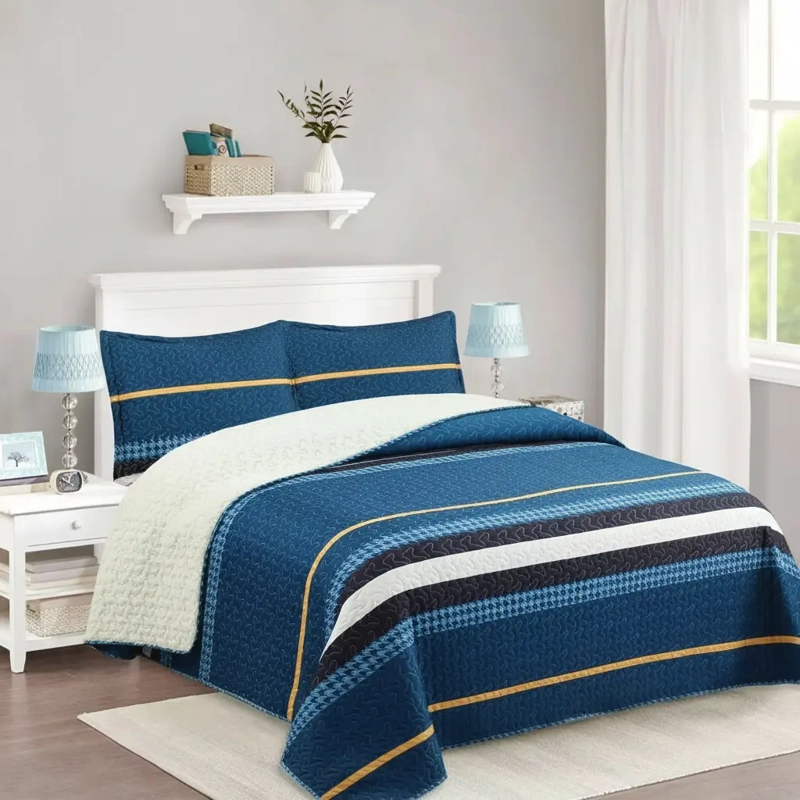 CUBRECAMA QUILT SHERPA 2PL W.M G - AZUL PETROLEO BLANCO Y NEGRO LINEAS HORIZONTALES - 2