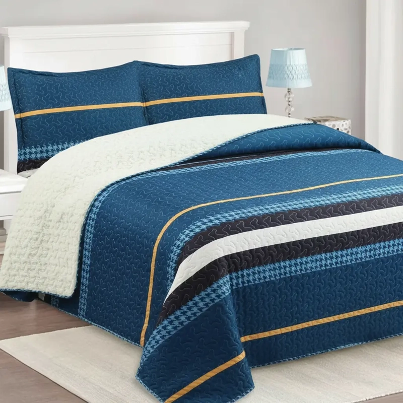 CUBRECAMA QUILT SHERPA 2PL W.M G - AZUL PETROLEO BLANCO Y NEGRO LINEAS HORIZONTALES - 3