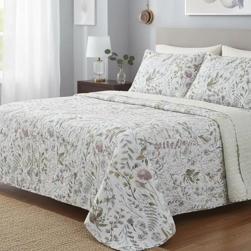 CUBRECAMA QUILT SHERPA 2PL W.M G - PASTEL COMO VERDE SUAVE ROSA Y BEIGE ESTAMPADO FLORAL Y BOTANICO - 1