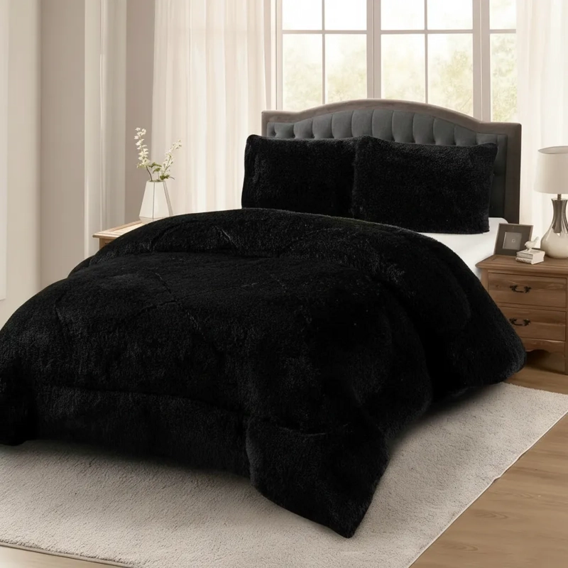 PLUMON DE INVIERNO PELUDOS CON CHIPORRO 2 PLAZAS NEGRO PELUDO - 1