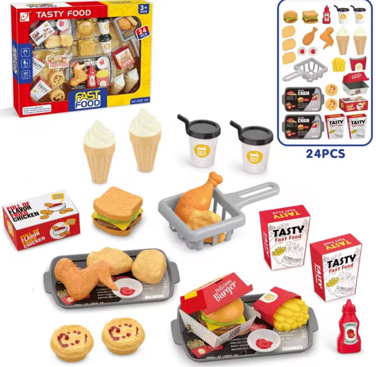 Set De Comida De Juego Realista – Hamburguesa, Pollo Frito Y Patatas Fritas De Plástico No Tóxico Para Niños