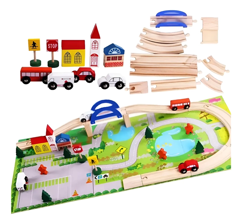 PISTA DE AUTOS CON PUENTE DE MADERA JUEGO INFANTIL MULTIPLE - 1