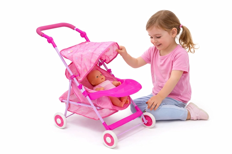 COCHE PARA MUÑECAS PLEGABLE ROSADO CON CANASTO - 2