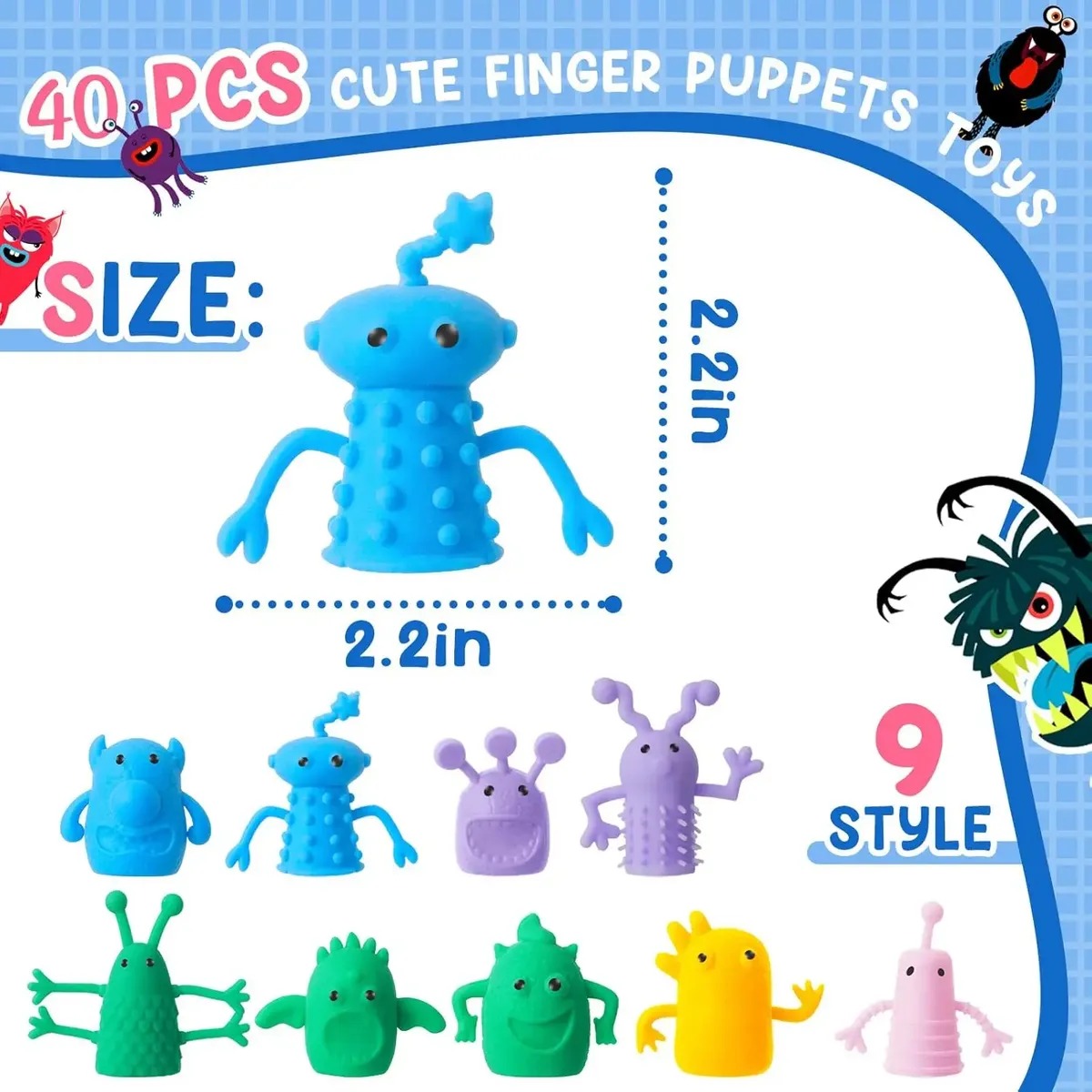 SET 20 TITERES DE DEDO MONSTRUITOS COLORES JUGUETE INFANTIL SURTIDO - 2