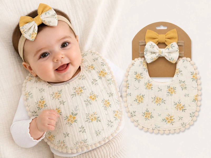 SET BABERO + 2 CINTILLOS BEBE  NIÑA ALGODON SUAVE VARIOS COLORES - 2