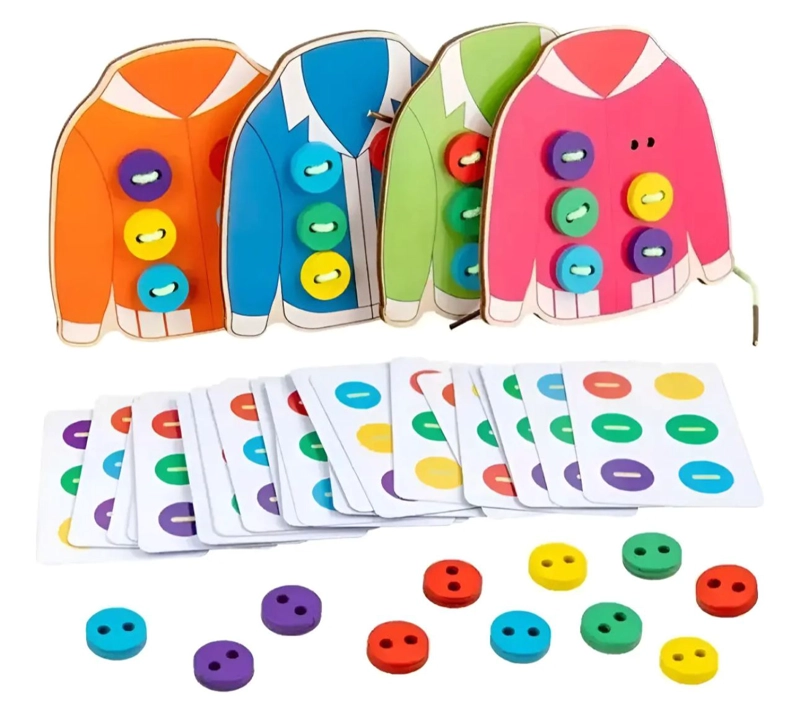 JUEGO ENHEBRAR DIDACTICO MOTRICIDAD FINA MADERAS BOTONES - 1