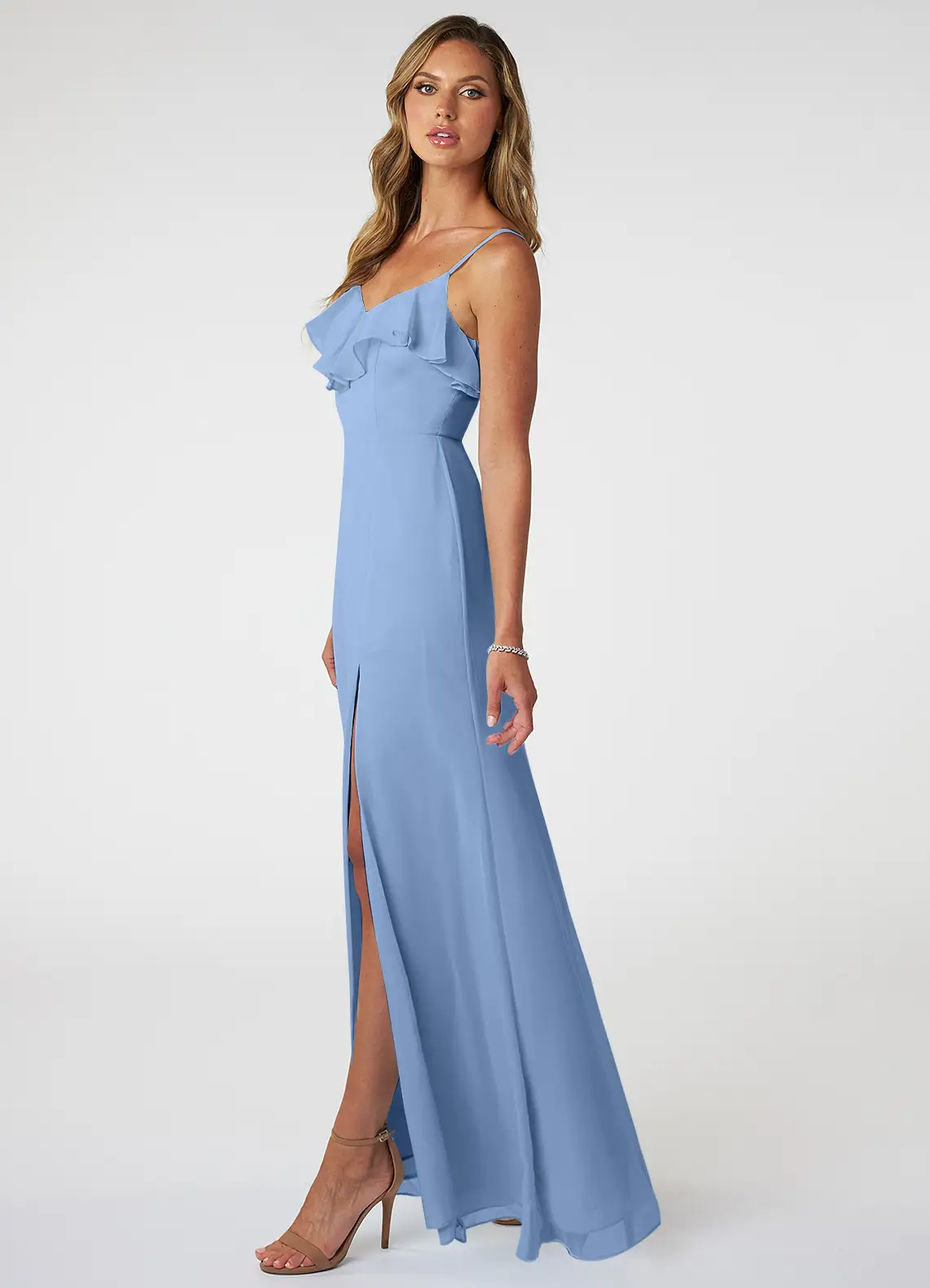 VESTIDO DE FIESTA LARGO MUJER DE GASA COLOR AZUL ACERO PARA CEREMONIAS - 3