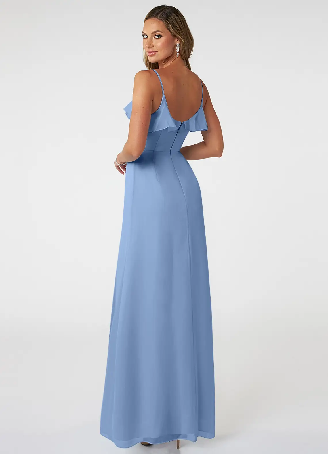 VESTIDO DE FIESTA LARGO MUJER DE GASA COLOR AZUL ACERO PARA CEREMONIAS - 4