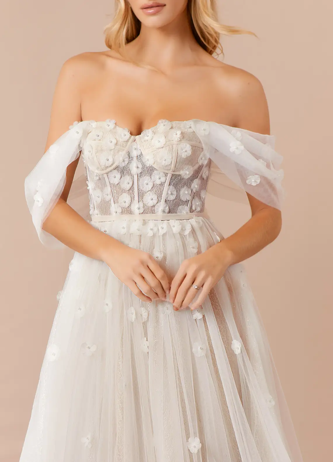 VESTIDO DE NOVIA LARGO DIAMANTE EN COLOR BLANCO DIAMANTE CHAMPAGNE CON CORSE AJUSTABLE - 1