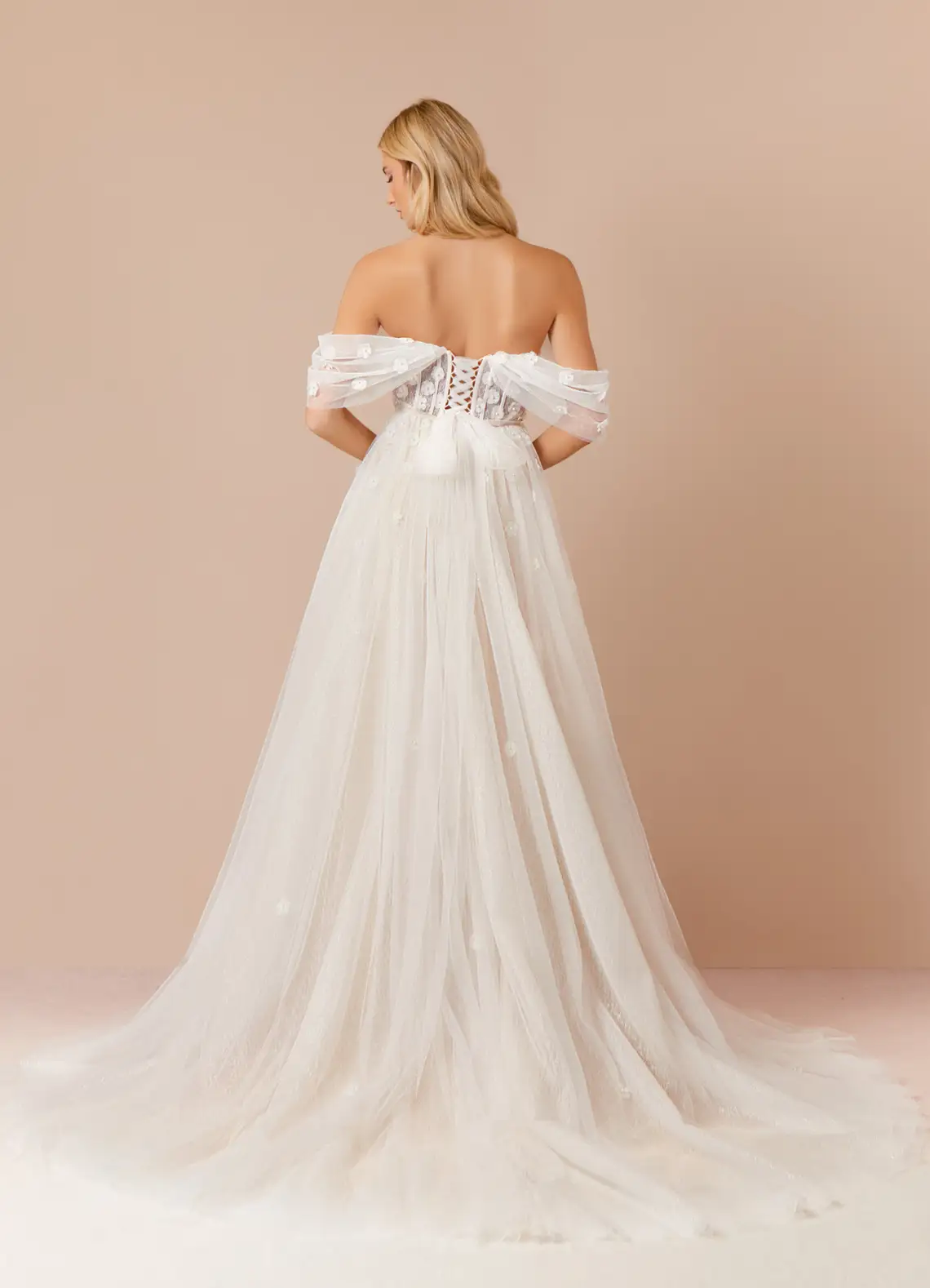 VESTIDO DE NOVIA LARGO DIAMANTE EN COLOR BLANCO DIAMANTE CHAMPAGNE CON CORSE AJUSTABLE - 3