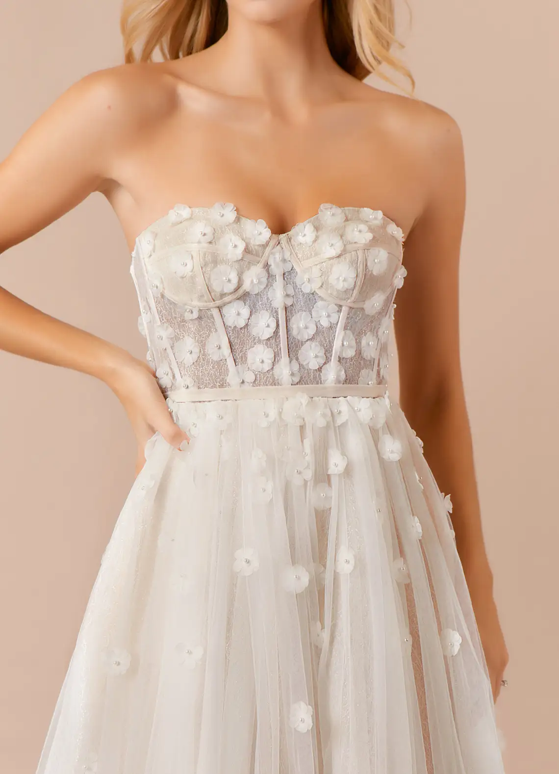 VESTIDO DE NOVIA LARGO DIAMANTE EN COLOR BLANCO DIAMANTE CHAMPAGNE CON CORSE AJUSTABLE - 4
