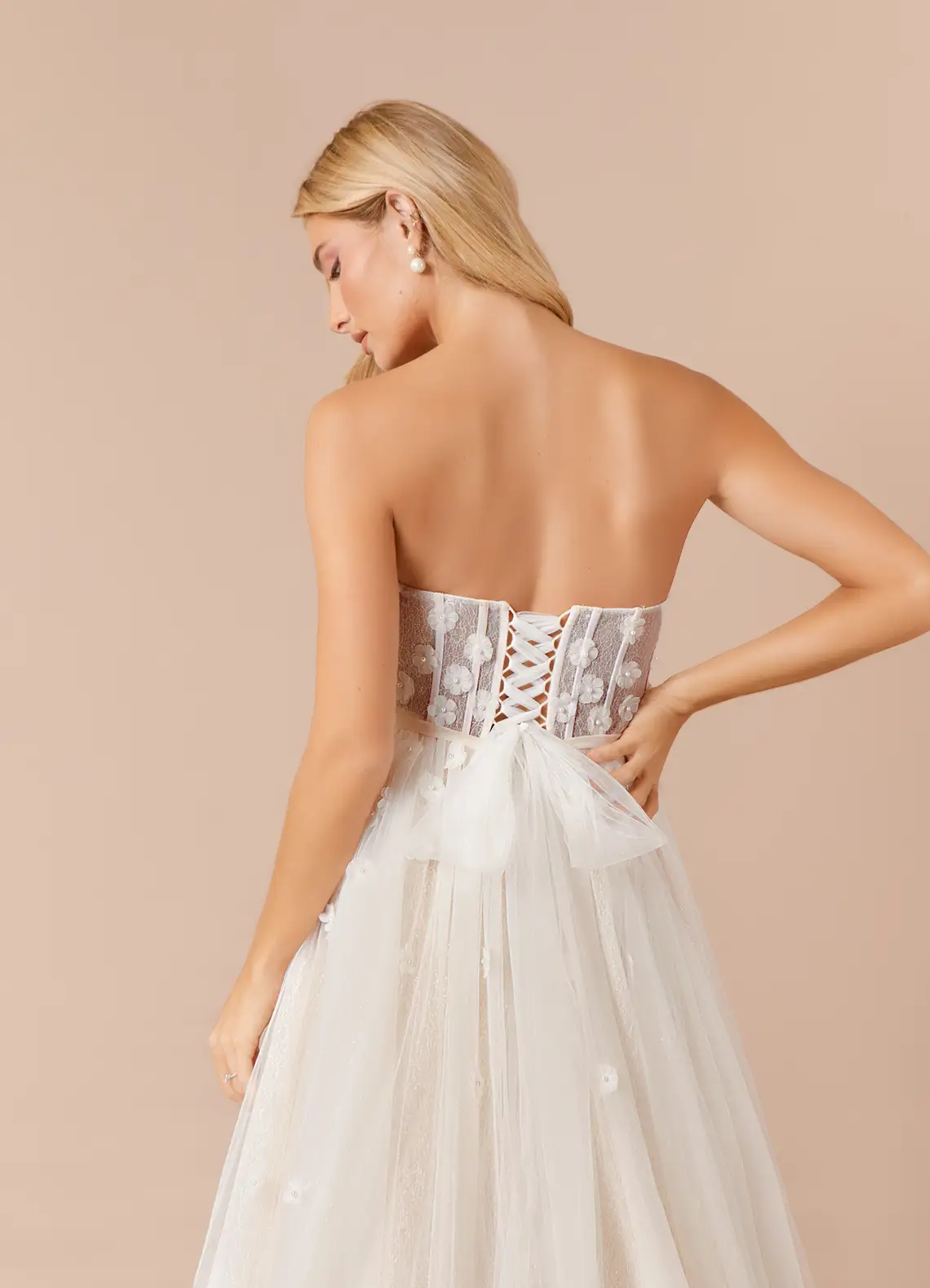 VESTIDO DE NOVIA LARGO DIAMANTE EN COLOR BLANCO DIAMANTE CHAMPAGNE CON CORSE AJUSTABLE - 5