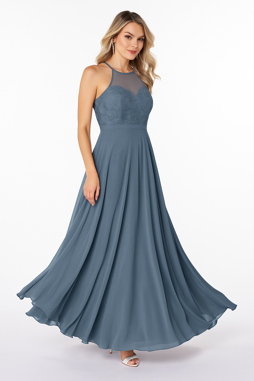 VESTIDO DE FIESTA MUJER ELEGANTE COLOR AZUL ACERO BODA CEREMONIA GALA - 1