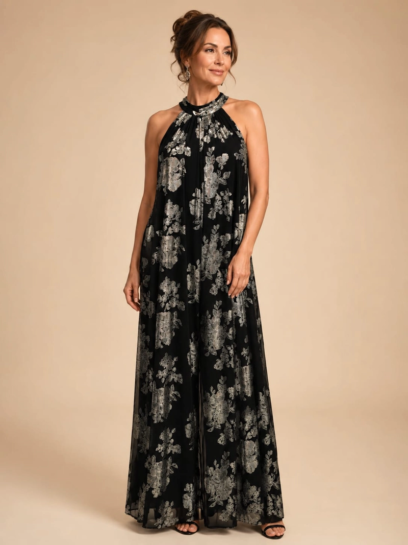 ENTERIZO HALTER MUJER ELEGANTE FLORAL METALIZADO - 1