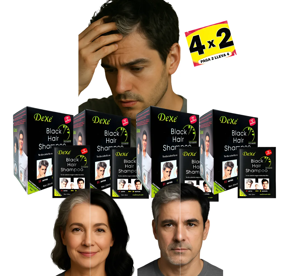 PACK 4X2 DEXE SHAMPOO PREMIUM TINTECUBRE CANAS NEGRO NATURAL 1 NEGRO - 1