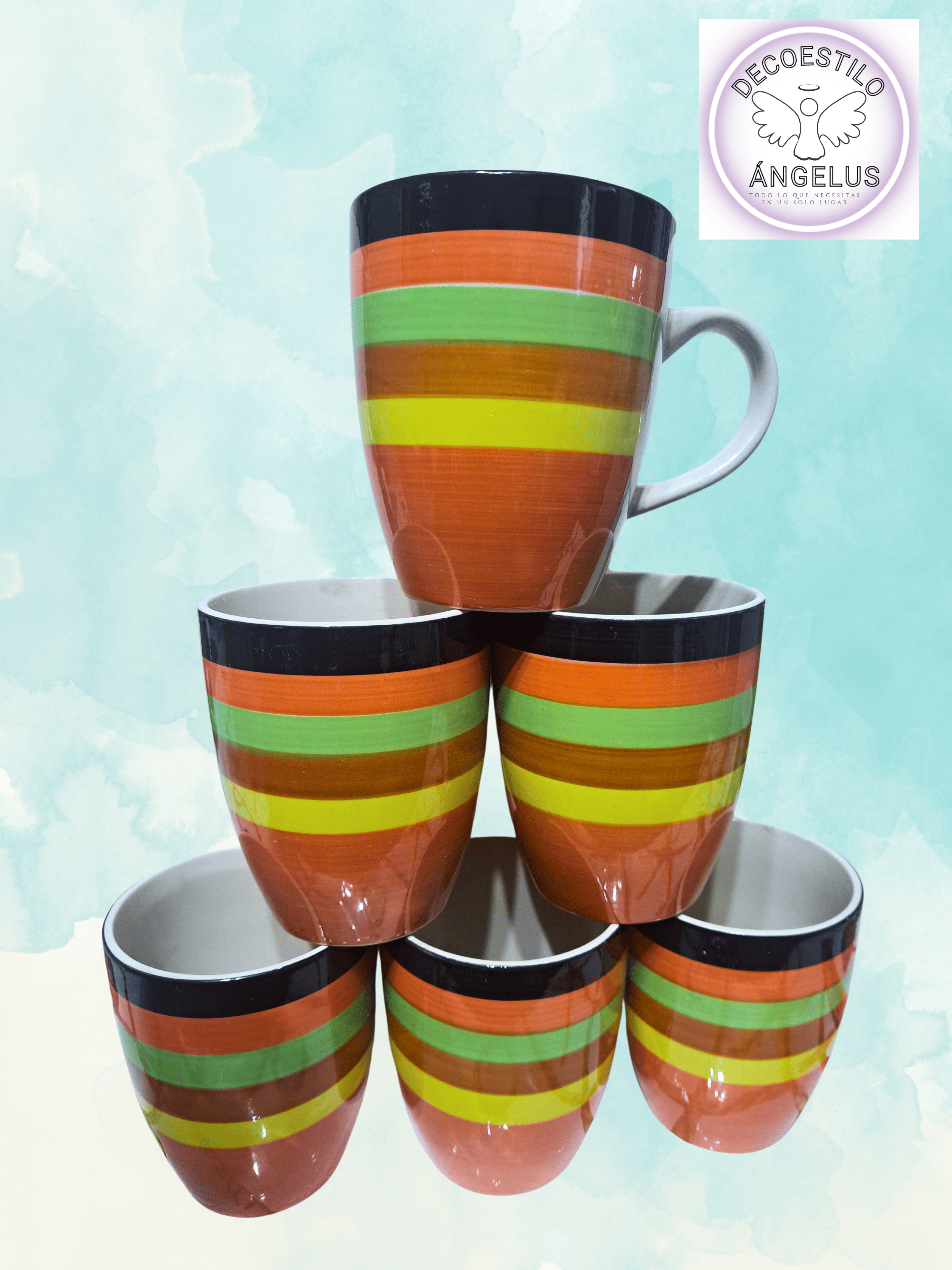 JUEGO DE TAZAS JARROS COLORIDAS DE LOZA (6 PIEZAS ) RESISTENTE AL CALOR (500 ML) - 1