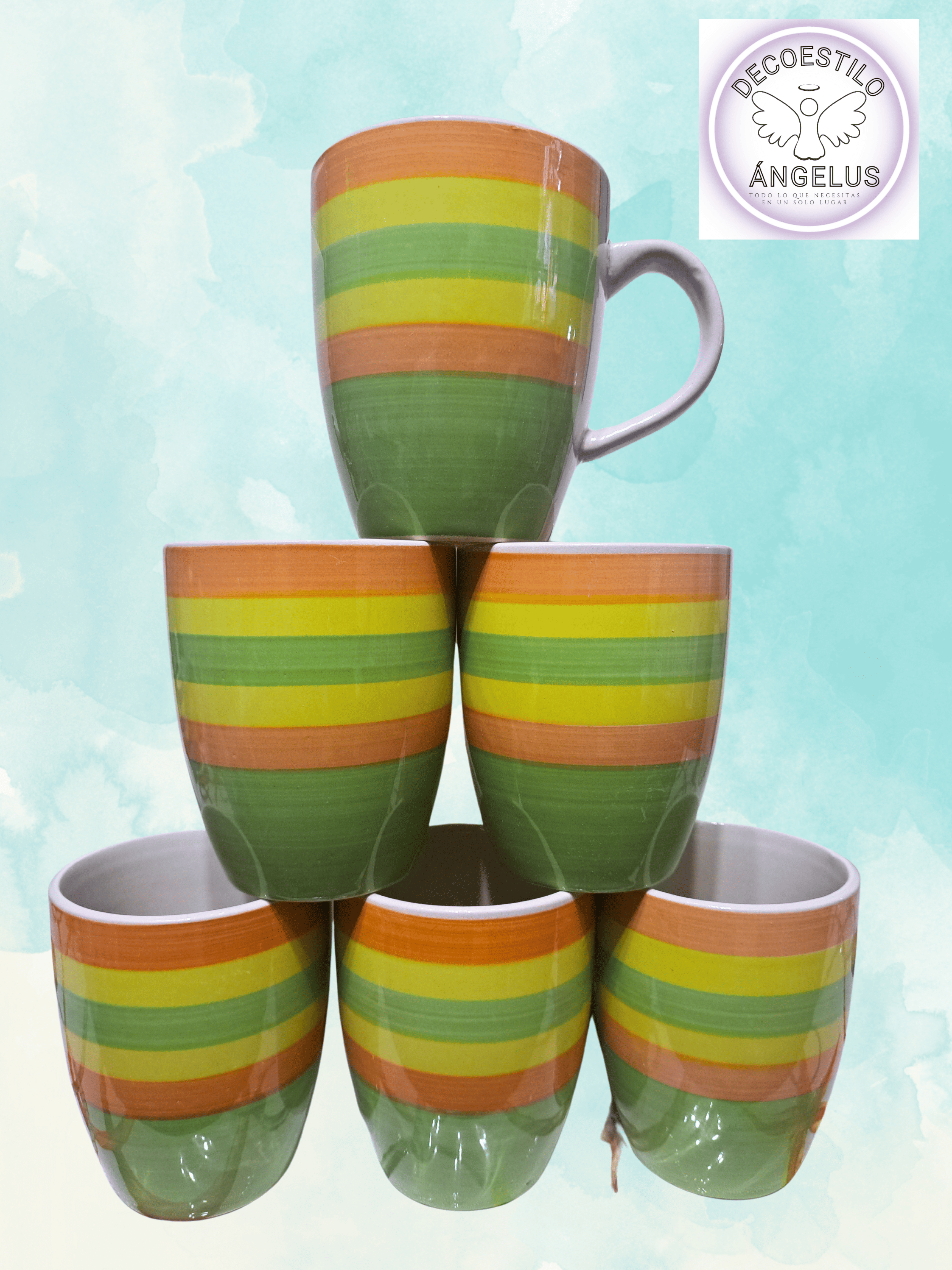 JUEGO DE TAZAS JARROS COLORIDAS DE LOZA (6 PIEZAS ) RESISTENTE AL CALOR (500 ML) - 1