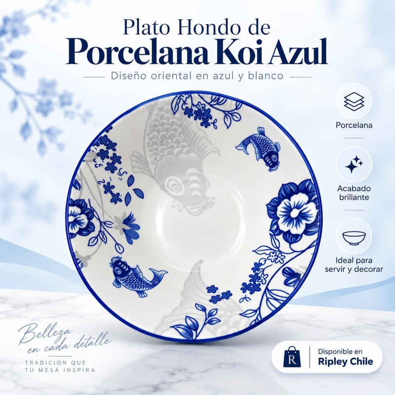 PACK 6 UNIDADES DE PLATO HONDO DE PORCELANA KOI AZUL - ELEGANCIA PARA TU MESA - 1