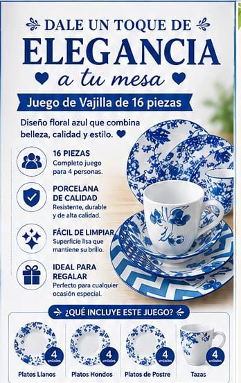 JUEGO DE VAJILLA 16 PIEZAS PARA 4 PERSONAS PORCELANA DISEÑO MODERNO - 1