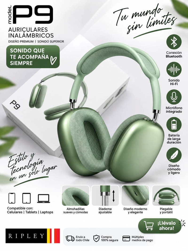 AUDIFONOS BLUETOOH INALAMBRICOS P9 OVER EAR HI-FI CON MICROFONO - 1