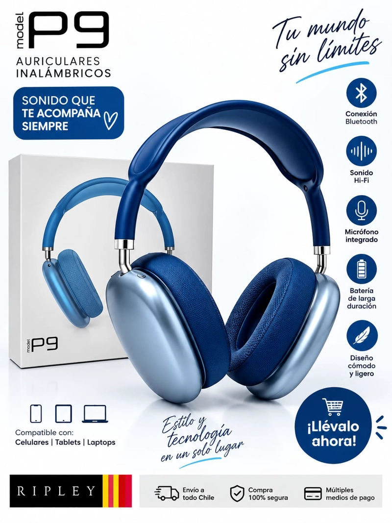 AUDIFONOS BLUETOOH INALAMBRICOS P9 OVER EAR HI-FI CON MICROFONO - 1
