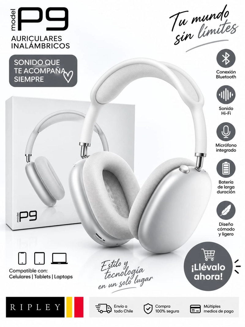 AUDIFONOS BLUETOOH INALAMBRICOS P9 OVER EAR HI-FI CON MICROFONO - 1