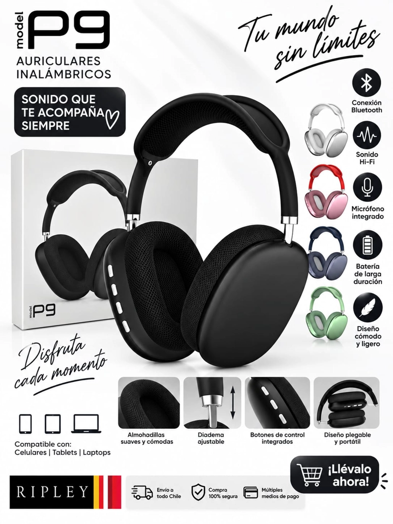 AUDIFONOS BLUETOOH INALAMBRICOS P9 OVER EAR HI-FI CON MICROFONO - 1