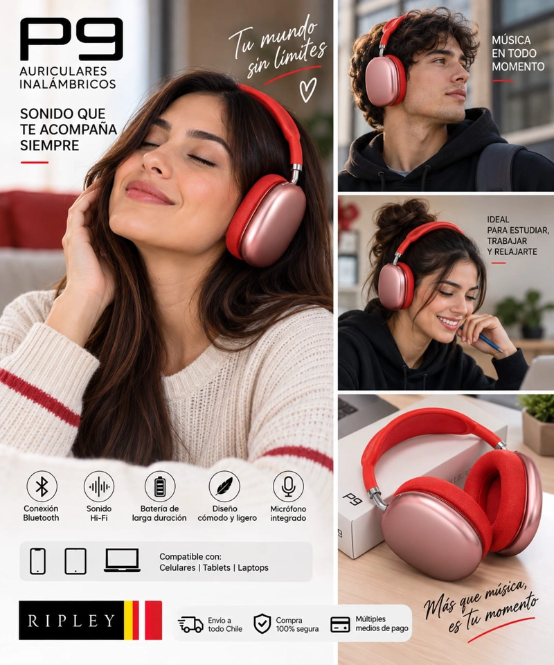 AUDIFONOS BLUETOOH INALAMBRICOS P9 OVER EAR HI-FI CON MICROFONO - 2