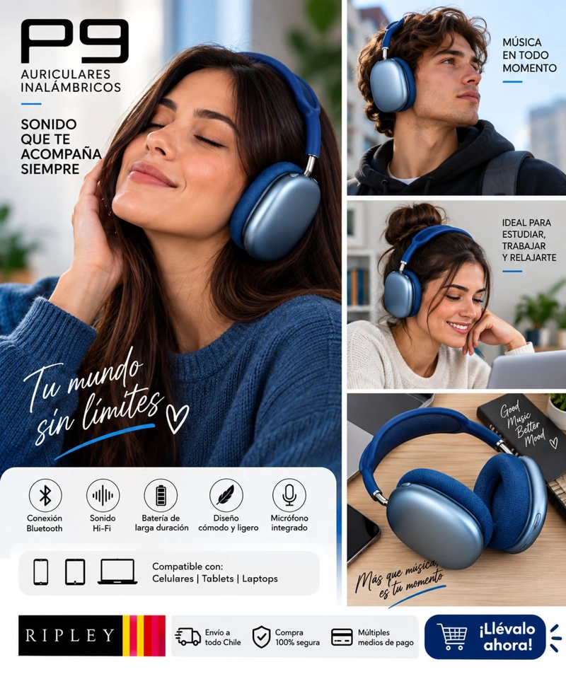 AUDIFONOS BLUETOOH INALAMBRICOS P9 OVER EAR HI-FI CON MICROFONO - 2