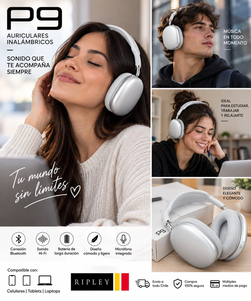 AUDIFONOS BLUETOOH INALAMBRICOS P9 OVER EAR HI-FI CON MICROFONO - 2