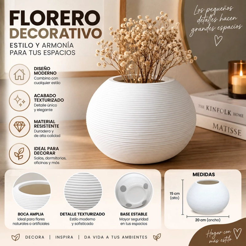 FLORERO DECORATIVO BLANCO TEXTURIZADO 20X15 CM PARA LIVING Y DORMITORIO. - 1