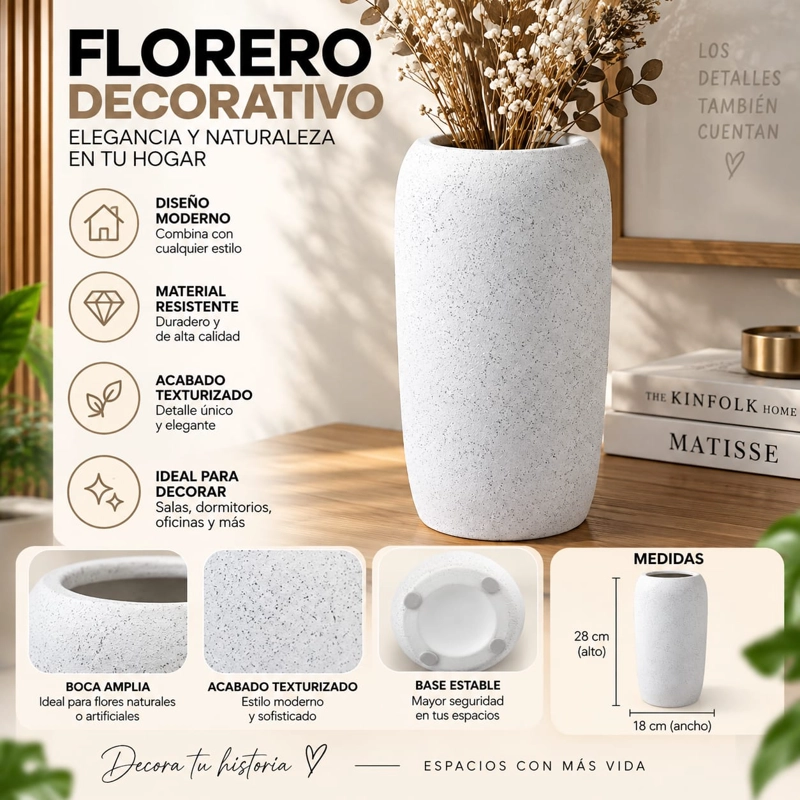 FLORERO DECORATIVO BLANCO TEXTURIZADO 28 X 18 CM PARA LIVING Y HOGAR - 1