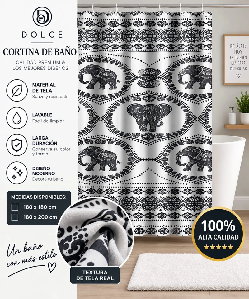 CORTINA DE BAÑO DE TELA ESTAMPADA DOLCE 180 X 180 CM DISEÑO DECORATIVO - 1