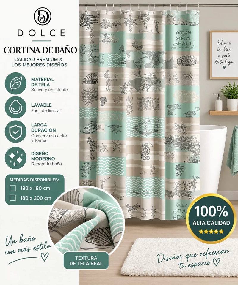 CORTINA DE BAÑO DE TELA ESTAMPADA DOLCE 180 X 180 CM DISEÑO DECORATIVO - 1