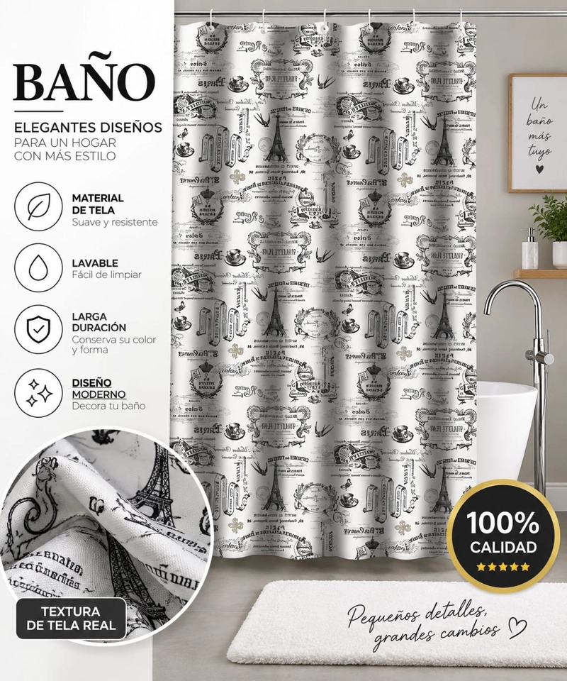 CORTINA DE BAÑO DE TELA ESTAMPADA DOLCE 180 X 180 CM DISEÑO DECORATIVO - 1