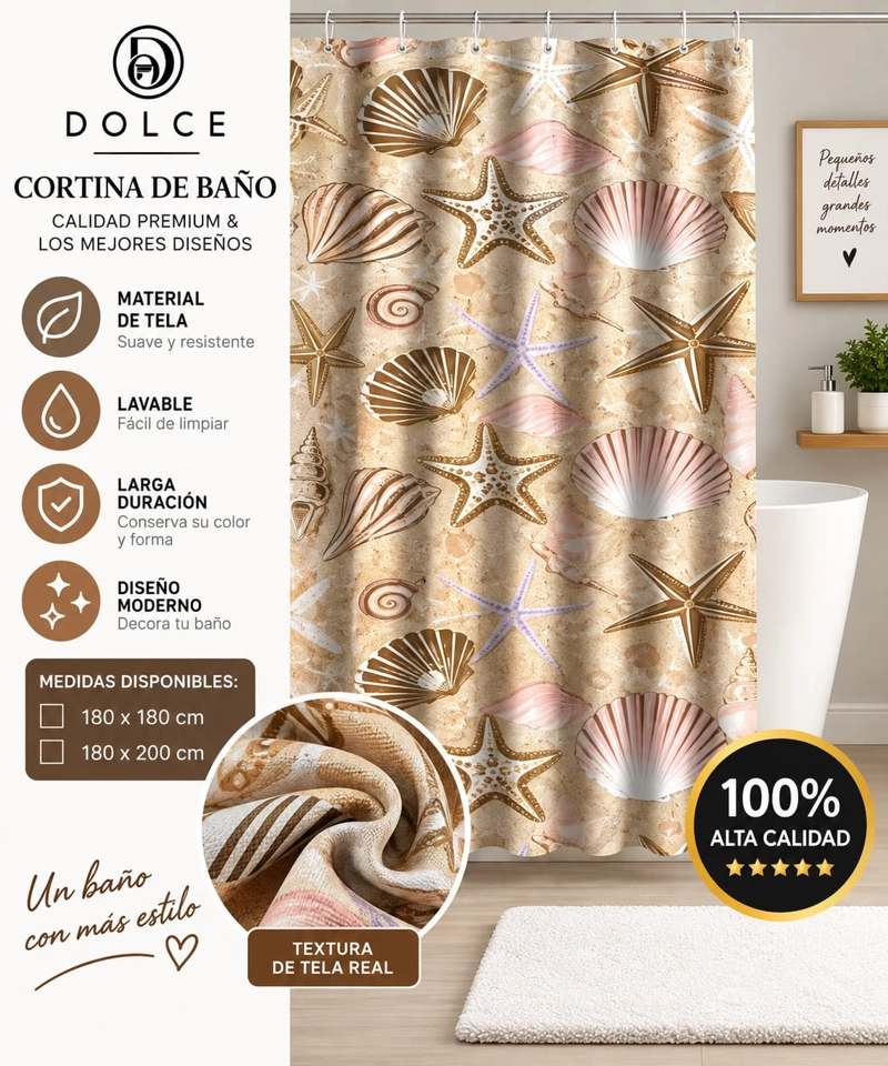 CORTINA DE BAÑO DE TELA ESTAMPADA DOLCE 180 X 180 CM DISEÑO DECORATIVO - 1