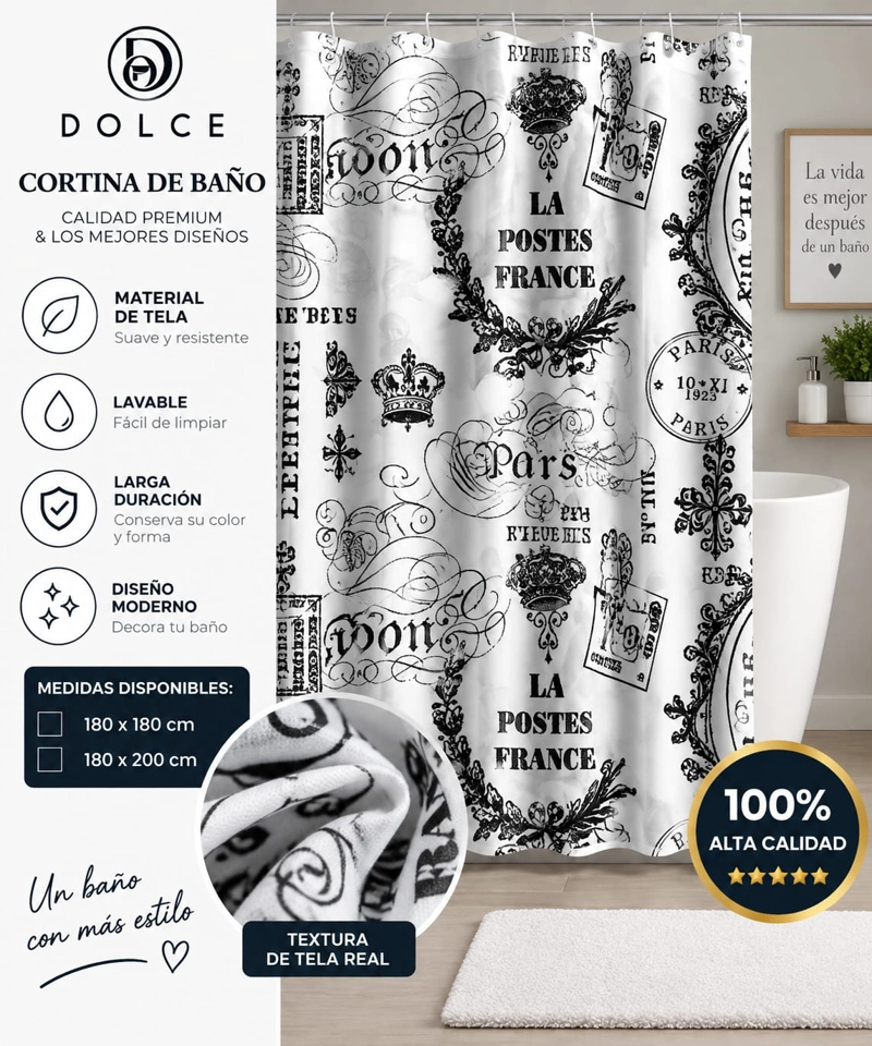 CORTINA DE BAÑO DE TELA ESTAMPADA DOLCE 180 X 180 CM DISEÑO DECORATIVO - 1