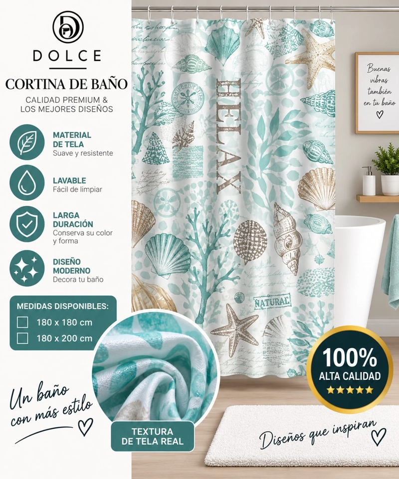 CORTINA DE BAÑO DE TELA ESTAMPADA DOLCE 180 X 180 CM DISEÑO DECORATIVO - 1