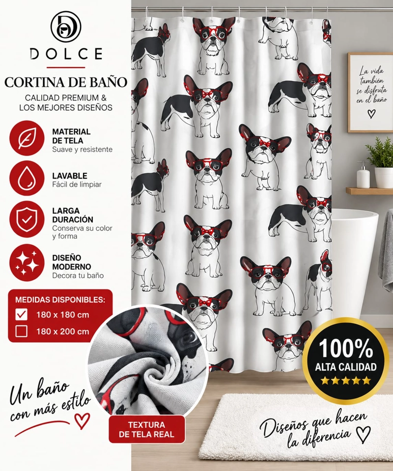 CORTINA DE BAÑO DE TELA ESTAMPADA DOLCE 180 X 200 CM DISEÑO DECORATIVO - 1