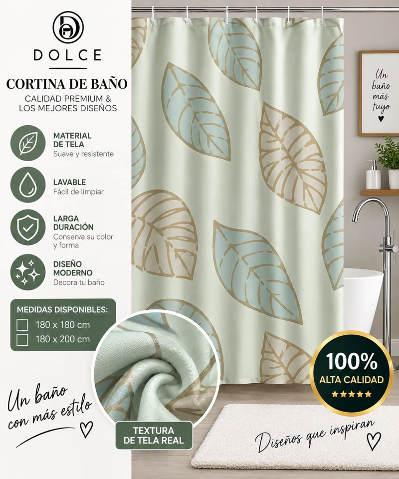 CORTINA DE BAÑO DE TELA ESTAMPADA DOLCE 180 X 200 CM DISEÑO DECORATIVO - 1