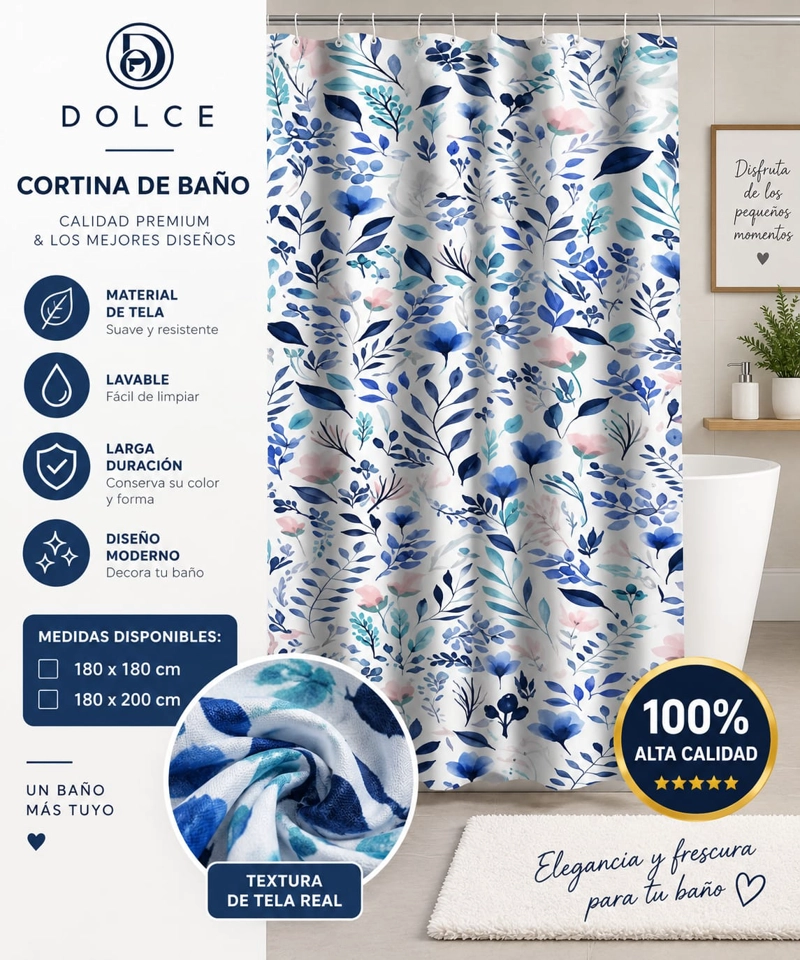 CORTINA DE BAÑO DE TELA ESTAMPADA DOLCE 180 X 200 CM DISEÑO DECORATIVO - 1
