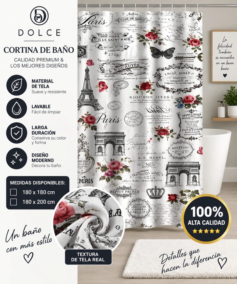 CORTINA DE BAÑO DE TELA ESTAMPADA DOLCE 180 X 200 CM DISEÑO DECORATIVO - 1