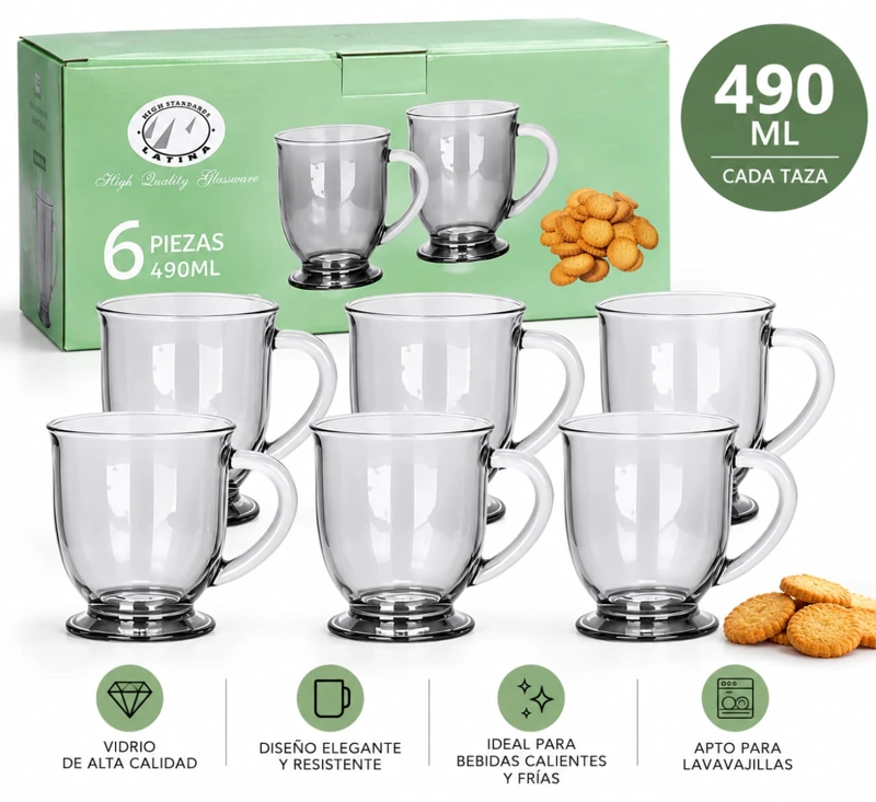 SET DE 6 TAZAS DE VIDRIO 490 ML GRANDES CON ASA PARA CAFE TE CHOCOLATE - 1