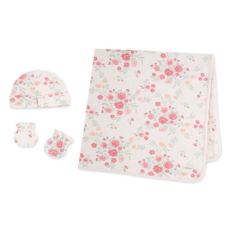 SET 3 PIEZAS MANTA, GORRO Y MITONES FLORAL BEBE HUGGIES - 1