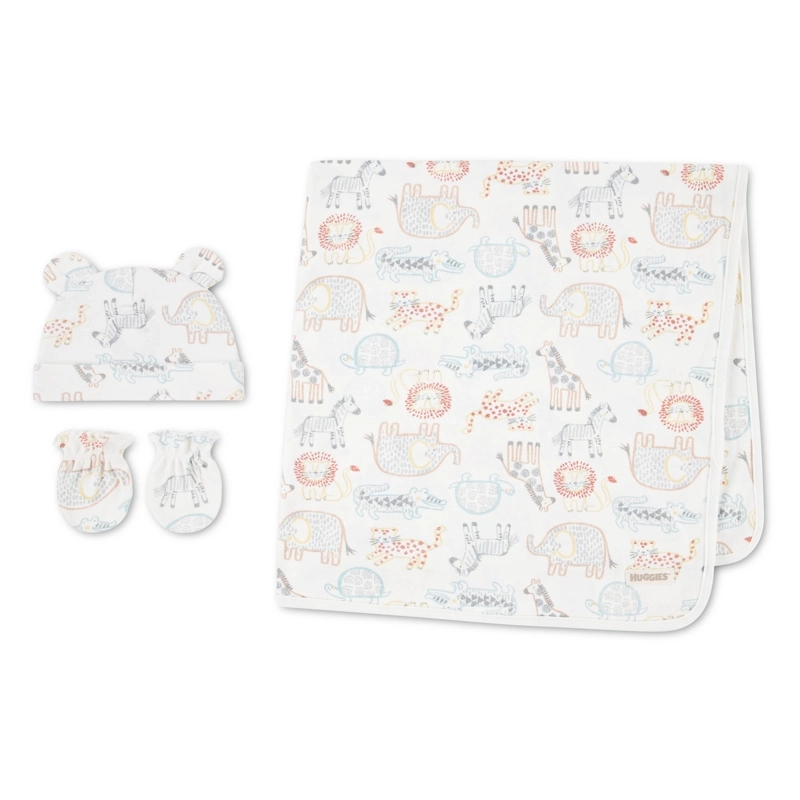 SET 3 PIEZAS MANTA, GORRO Y MITONES ANIMALES BEBE HUGGIES - 1