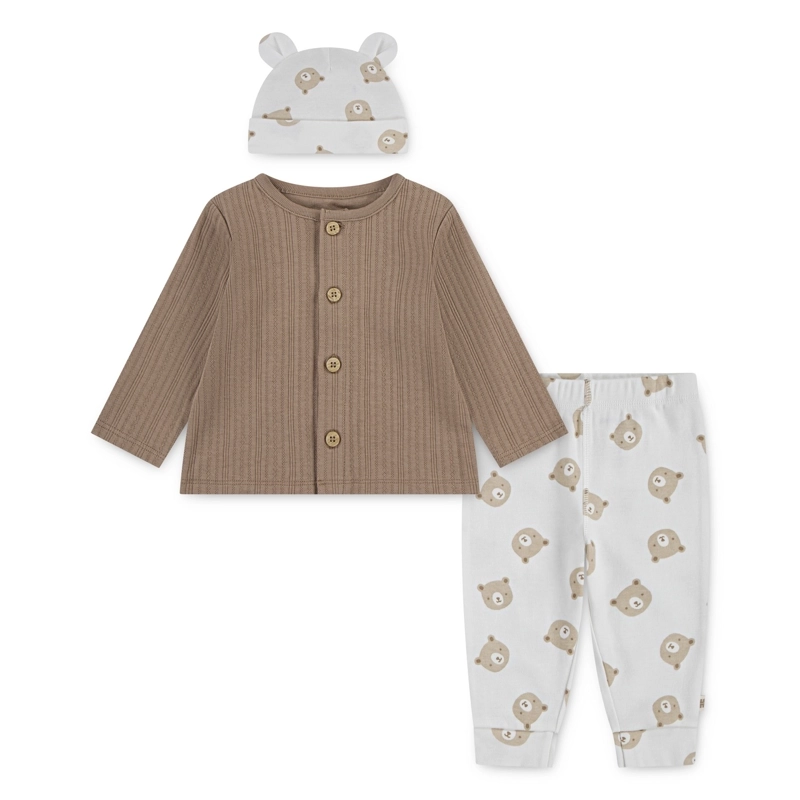 CONJUNTO 3 PIEZAS CHALECO, PANTALON Y GORRO CAFE BEBE HUGGIES - 1