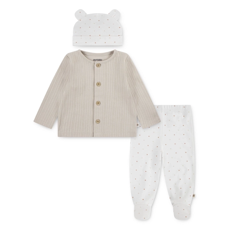 CONJUNTO 3 PIEZAS CHALECO, PANTALON Y GORRO BEIGE BEBE HUGGIES - 1
