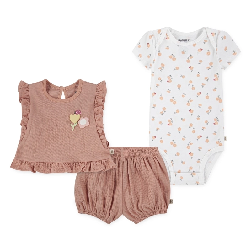 CONJUNTO 3 PIEZAS POLERA, BODY Y SHORT ROSADO OSCURO BEBE HUGGIES - 1